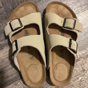 Tan Cream Two-Strap Sandals with Cork Footbed